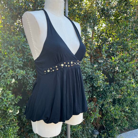 Vintage 2000s Twenty One Black Beaded Gathered Waist USA Made Medium - Picture 3 of 11